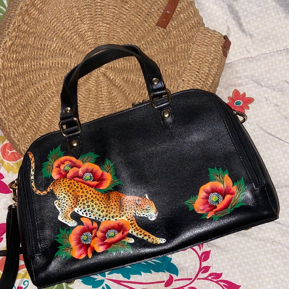 LEOPARD WILDFLOWER ANUSCHKA Genuine Black Leather Crossbody + Handle Purse NWOT